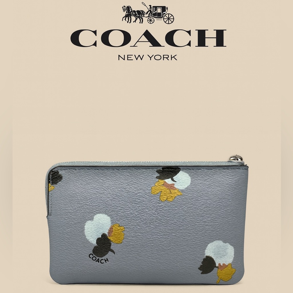 COACH Corner Zip Wristlet | Field Floral Print | Gray Leather w/ Flowers | EUC - Picture 2 of 3